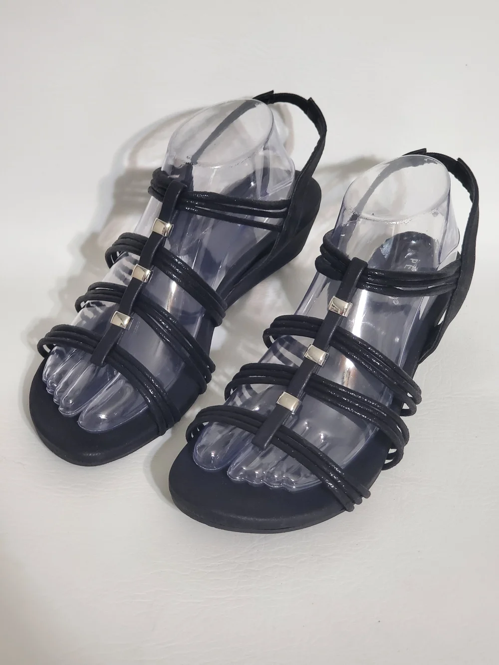 Pesaro Women's Black Strappy Slingback Wedge Sandals Metallic Accents Size 9 - Picture 1 of 10